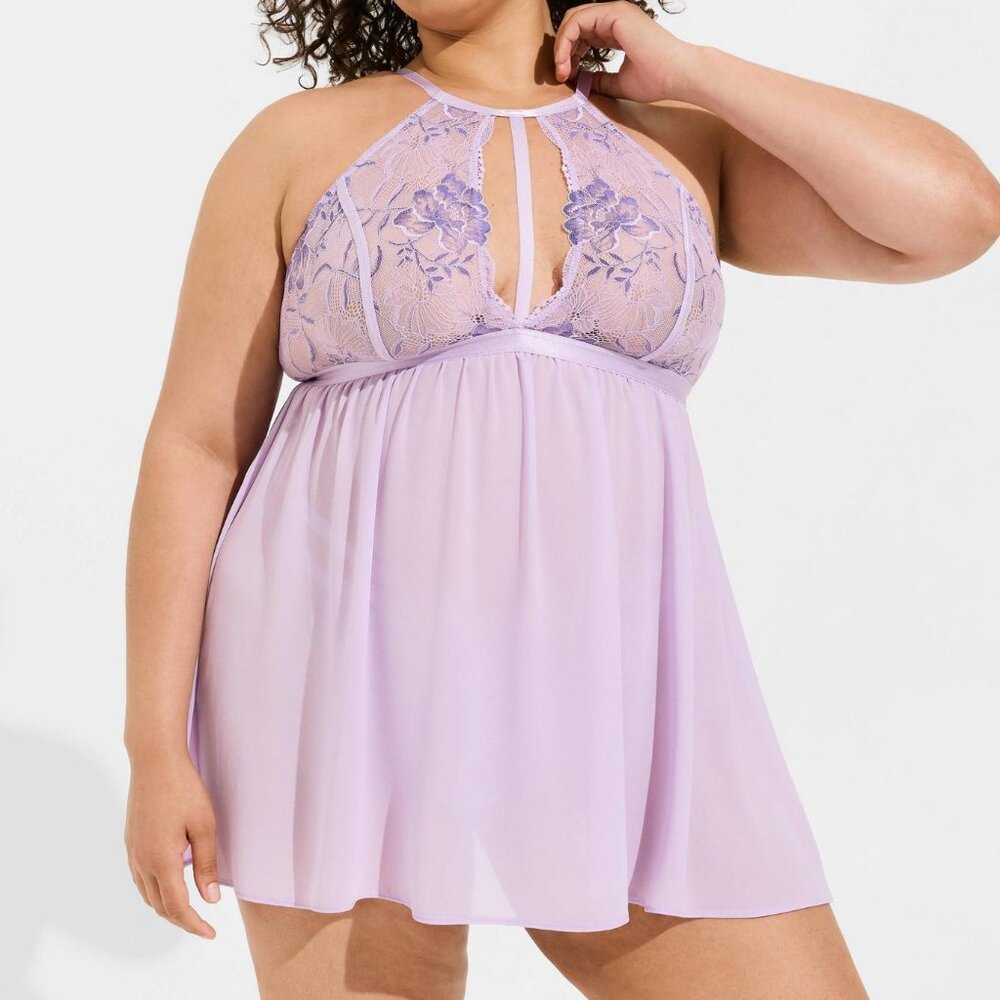 ❤️NWT TORRID LACE WIRELESS BABYDOLL SHEER HIGH NECK LILAC LINGERIE PLUS